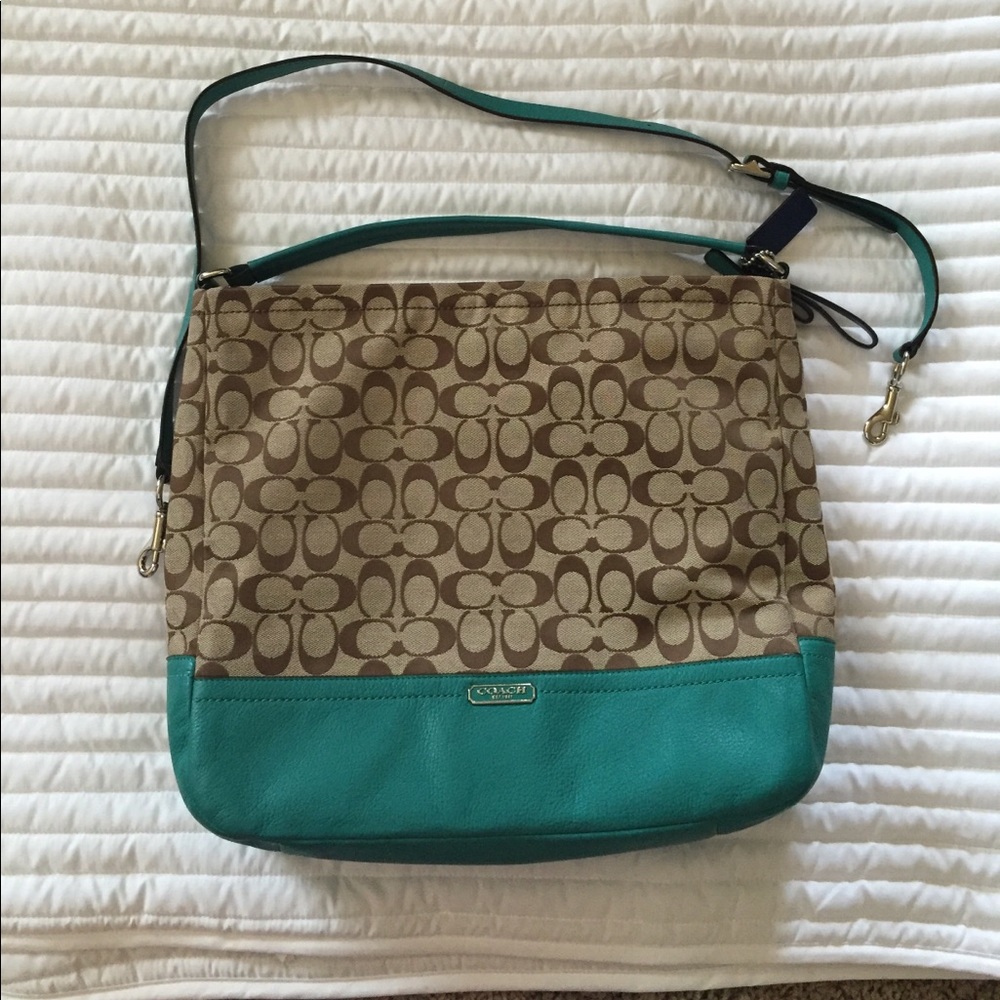 Coach Park Convertible Hobo Signature Jacquard and Teal Leather Crossbody Bag
